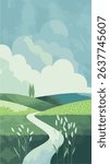 The image appears to be an illustration of a landscape with rolling green hills, a winding path or river, and some trees in the distance. The sky is partly cloudy, with a sun or moon in the background