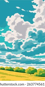 The image appears to be an illustration of a landscape with rolling green hills, a winding path or river, and some trees in the distance. The sky is partly cloudy, with a sun or moon in the background
