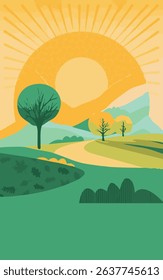 The image appears to be an illustration of a landscape with rolling green hills, a winding path or river, and some trees in the distance. The sky is partly cloudy, with a sun or moon in the background