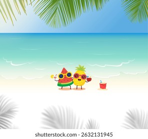The image appears to be a summer-themed beach banner featuring cartoon fruit characters.