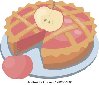 image of an appetizing apple pie garnished with apple slices.stock isolated illustration on white background for printing on postcards,websites,advertisements and menus of shops,cafes and restaurants