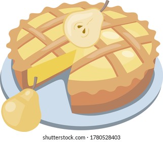 image of an appetizing pear pie garnished with yellow pear slices.stock isolated illustration on white background for printing on postcards,websites,advertisements and menus of shops,cafes,cartoon.