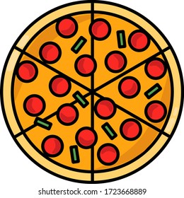 Image of an appetizing round pepperoni pizza. Pizza with pepperoni and basil. Bright and saturated, harmoniously selected colors. Flat vector image, top view.