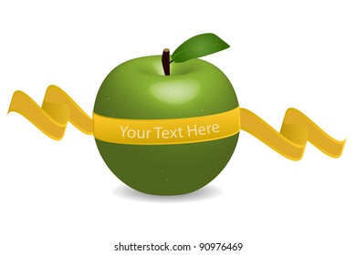 Image of an apple with a banner with editable text isolated on a white background.