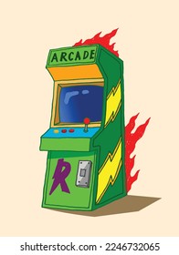 an image of an arcade game with flames on the back. can be used for printing t-shirts, stickers, embroidery and others
