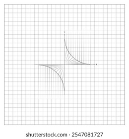 Imagen de arcos en cuadrícula de coordenadas en hoja de cuaderno de papel a cuadros. Hoja de papel escolar forrada en una jaula con dibujo matemático de arcos en cuadrícula. Vector blanco y negro simple