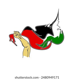 La Imagen de un brazo que se sujeta firmemente a un lado de la bandera palestina significa que el pueblo palestino es una nación de guerreros y seguirá luchando hasta la última gota de sangre