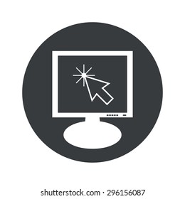 Image of arrow cursor on monitor, in black circle, isolated on white