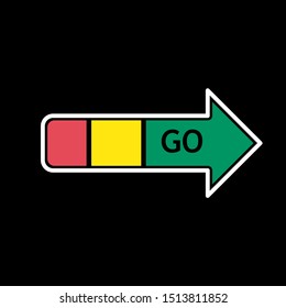 image arrow icon to the right with 3 colors red, yellow and green, start button with the writing GO with an isolated white background.