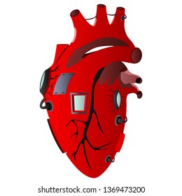 image of an artificial heart, metal inserts, cyberpunk style, vector isolated on white background