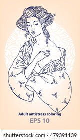 The image of an Asian woman in an kimono. Portrait of a young woman with traditional Japanese hairstyle. Outline drawing for coloring.