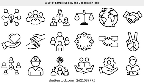 The image is an assortment of line icons visualizing various aspects of society and cooperation, displaying human connections, business partnerships, community, and social interaction with clarity.