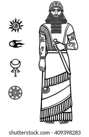 Image of the Assyrian man. Sumerian king.  Full growth.  Set of space solar symbols.The linear drawing isolated on a white background.
