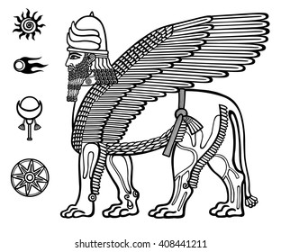 Image of the Assyrian mythical deity of Shedu: a winged lion with the head of the person. Character of Sumer mythology. Set of space solar symbols. Black-and-white vector illustration.