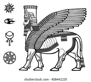 Image of the Assyrian mythical deity Shedu: a winged bull with the head of the person. Character of Sumer mythology. Set of space solar symbols.     Black-and-white vector illustration.