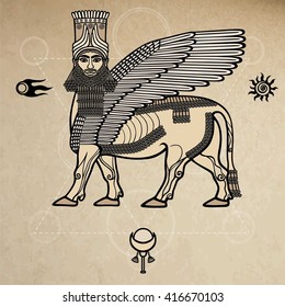 Image of the Assyrian mythical deity Shedu: a winged bull with the head of the person. Character of Sumer mythology. Space symbols. A background - imitation of old paper.