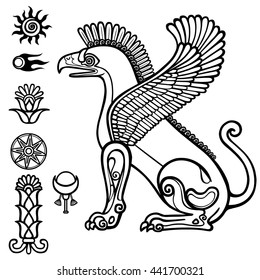 Image of  Assyrian winged animal. Horned lion.  Character of Sumerian mythology. Set of  solar symbols. Llinear drawing isolated on a white background. Vector illustration, be used for coloring book.