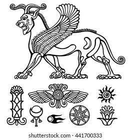 Image of  Assyrian winged animal. Horned lion.  Character of Sumerian mythology. Set of  solar symbols. Llinear drawing isolated on a white background. Vector illustration, be used for coloring book.