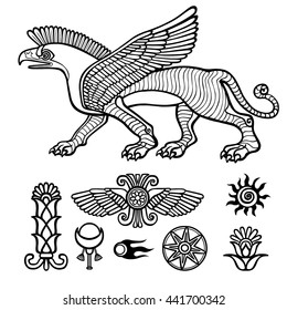 Image of  Assyrian winged animal. Horned lion.  Character of Sumerian mythology. Set of  solar symbols. Llinear drawing isolated on a white background. Vector illustration, be used for coloring book.