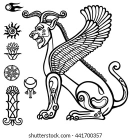 Image of  Assyrian winged animal. Horned lion.  Character of Sumerian mythology. Set of  solar symbols. Llinear drawing isolated on a white background. Vector illustration, be used for coloring book.