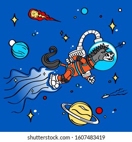 An image of an astronaut horse traveling through space surrounded by planets and stars.