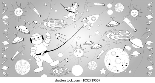Image of an astronaut in space with stars, sun and planets