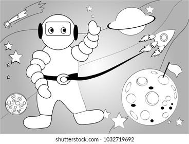 The image of the astronaut in space with the stars, the sun and the rockets