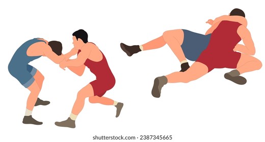 Image of athletes wrestlers in wrestling, fighting. Greco Roman wrestling, fight, combating, struggle, grappling, duel, mixed martial art, sportsmanship