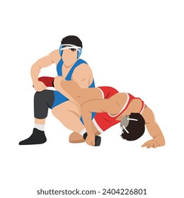 Image of athletes wrestlers in wrestling, fighting. Greco Roman wrestling, fight combating, struggle grappling, duel and mixed martial art. Flat vector illustration isolated on white background