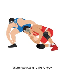 Image of athletes wrestlers in wrestling, fighting. Greco Roman wrestling fight combating,  grappling, duel, mixed martial art. Flat vector illustration isolated on white background