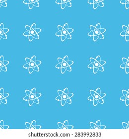 Image of atom, repeated in straight lines on blue background