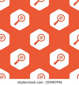 Image of at-sign under loupe in white hexagon, repeated on orange background