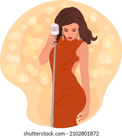 An image of an attractive young singer in a red dress. Vector