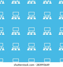 Image of audience in front of screen, repeated in straight lines on blue background