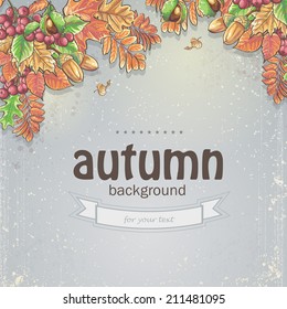 Image of autumn background with maple leaves, oak, chestnut, rowan berries and acorns