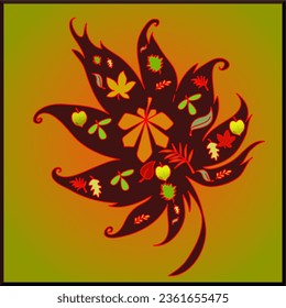 
imagen de una hoja oscura otoñal llena de hojas pequeñas coloridas, vector