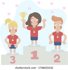 Image of the awarding of the winners of the competition in a sports uniform.Three children won prizes in sports competitions and received medals and a cup.
stock isolated illustration in cartoon style