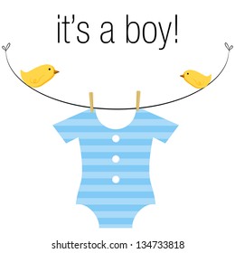 An image of a baby boy blue onesie hanging on a clothesline with birds.