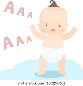 image of a baby in a diaper on a blue background,who cries and asks to take him in arms.stock isolated illustration on white background for printing on postcards,websites,shop advertisements,cartoon