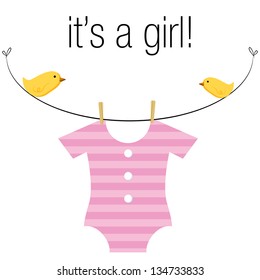 An image of a baby girl pink onesie hanging on a clothesline with birds.