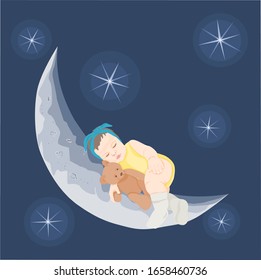 image of a baby girl who sleeps hugging a teddy bear on a crescent moon in the night sky.
stock isolated illustration on blue background for printing on postcards,websites,shop advertising in cartoon