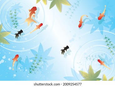 Fondo de la imagen del río de verano japonés, pez dorado y arce
