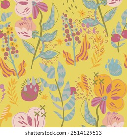 The image is a background pattern consisting of a repeated floral design. It features a simple drawing of flowers and leaves. This pattern might be suitable for fabric, clothing, wrapping paper, 