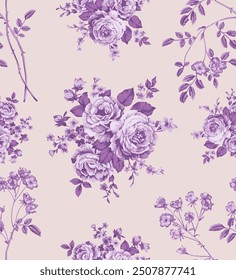 The image is a background pattern featuring a drawing of a lilac flower in purple color on fabric.