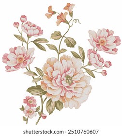 The image is a background pattern featuring a drawing of rose petals and pedicels. It is an illustration of a flower plant.