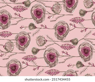 The image is a background pattern featuring drawings of pink and lilac flowers. It could be used for fabric, clothing, wrapping paper, or embroidery.