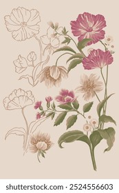 The image is a background pattern featuring drawings of flowers, plants, petals, and pedicels. It relates to botany and horticulture, showcasing an artistic representation of various plant elements.