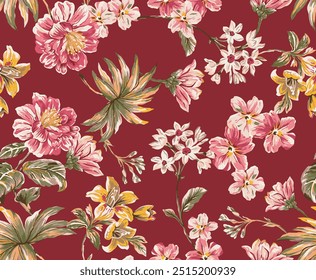 The image is a background pattern featuring a floral motif that can be used for clothing, fabric, or wrapping paper design.