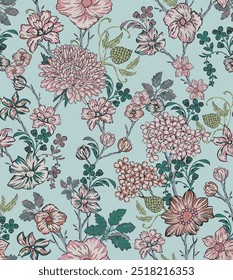 The image is a background pattern featuring a floral motif commonly used in fabric, clothing, and wrapping paper.