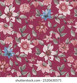 Das Bild ist ein Hintergrundmuster mit floralen Motiven. Es könnte zum Verpacken von Papier oder Stoffdesign verwendet werden.